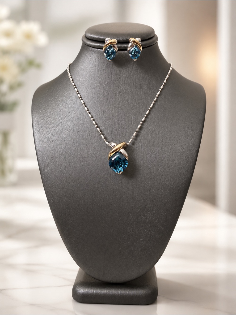 Blue Topaz Two-Tone Jewelry Set – Sterling Silver & 18K Yellow Gold